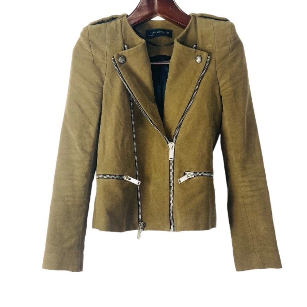 ZARA WOMAN Olive Suede Effect Moto Jacket with Padded Shoulders size medium